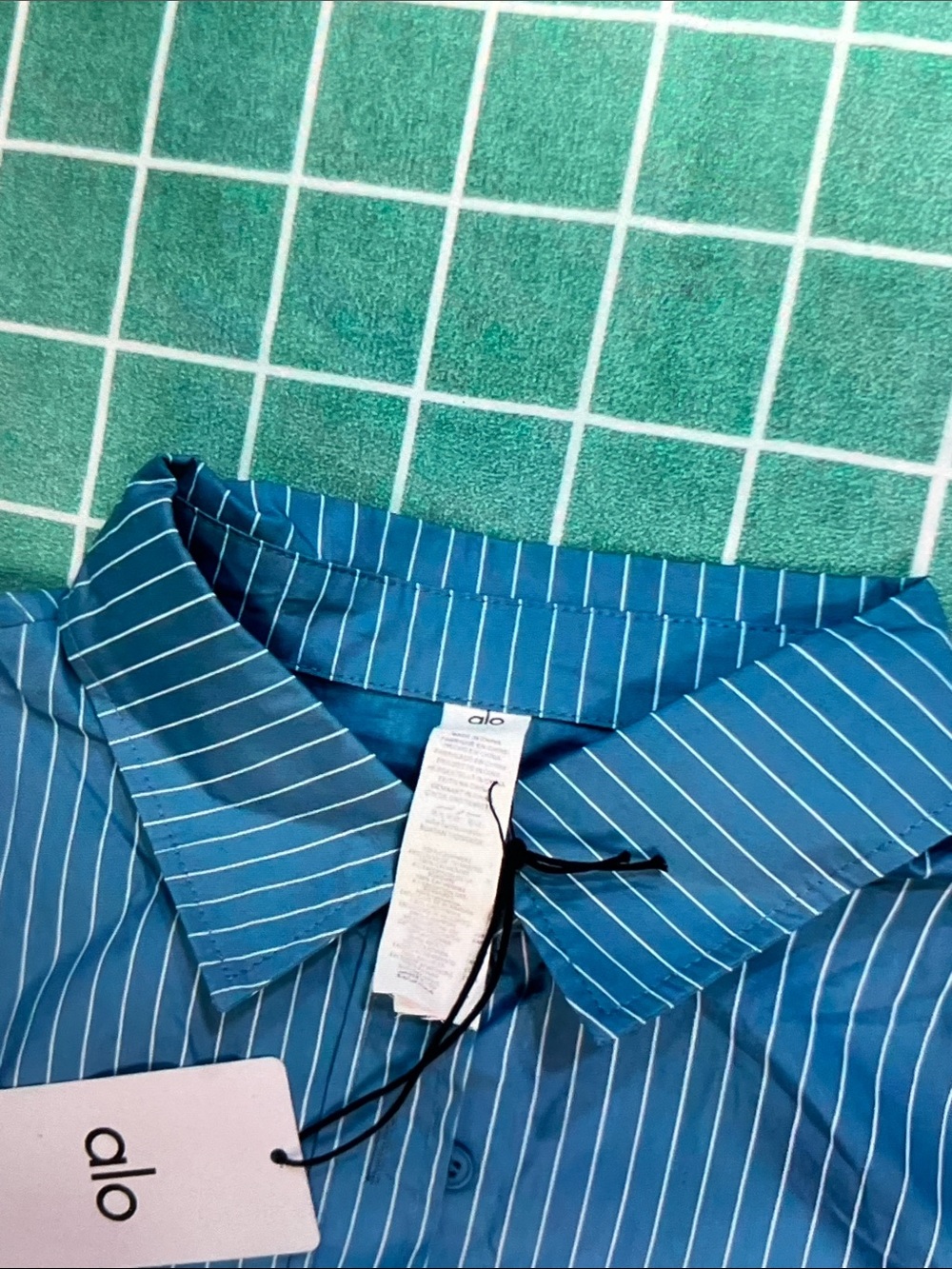 ALO Yoga Teal Blue Pinstripe Button-Down Shirt - Picture 8 of 9